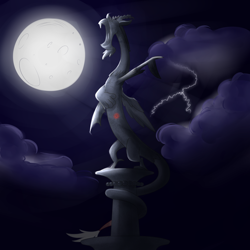 Size: 3000x3000 | Tagged: safe, artist:moonatik, character:discord, species:draconequus, awakening, cloud, horn, lightning, male, moon, moonlight, night, paws, solo, statue, statue discord, tail, talons, wings