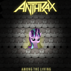 Size: 3000x3000 | Tagged: safe, artist:moonatik, character:starlight glimmer, species:pony, species:unicorn, album cover, among the living, anthrax, band logo, evil, looking at you, metal, ponified, ponified album cover, s5 starlight, song reference, stalin glimmer, text