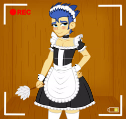 Size: 1900x1800 | Tagged: safe, artist:mashoart, character:flash sentry, my little pony:equestria girls, blushing, camera shot, clothing, crossdressing, dress, duster, girly sentry, implied porn, maid, maid headdress, maid sentry, male, solo, stockings, thigh highs, trap sentry