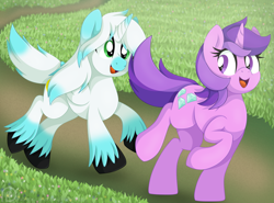 Size: 2348x1738 | Tagged: safe, artist:pearlyiridescence, character:amethyst star, character:sparkler, oc, oc:skyler, species:alicorn, species:pony, species:unicorn, alicorn oc, colored wings, female, field, flower field, gradient hair, gradient hooves, gradient wings, looking back, male, mare, open mouth, outdoors, running, smiling, stallion, unshorn fetlocks