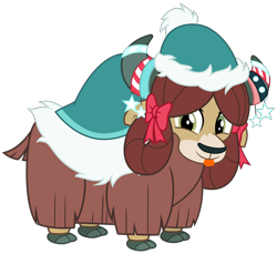 Size: 3600x3300 | Tagged: safe, alternate version, artist:cheezedoodle96, character:yona, species:yak, episode:best gift ever, g4, my little pony: friendship is magic, .svg available, blanket, blep, bow, christmas ornament, clothing, cloven hooves, cute, decoration, female, hat, looking at you, monkey swings, ribbon, silly, simple background, smiling, solo, svg, tongue out, transparent background, vector, winter outfit, yonadorable