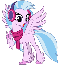 Size: 3000x3200 | Tagged: safe, alternate version, artist:cheezedoodle96, character:silverstream, species:classical hippogriff, species:hippogriff, episode:best gift ever, g4, my little pony: friendship is magic, .svg available, clothing, cute, diastreamies, earmuffs, excited, female, gasp, jewelry, looking at you, necklace, open mouth, peace sign, scarf, simple background, smiling, solo, spread wings, svg, transparent background, vector, wings, winter outfit