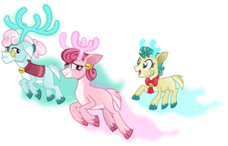 Size: 1024x654 | Tagged: safe, artist:vector-brony, character:alice, character:aurora, character:bori, species:deer, species:reindeer, episode:best gift ever, g4, my little pony: friendship is magic, bow, cloven hooves, colored hooves, doe, ear piercing, earring, glasses, piercing, reference, shawl, simple background, the gift givers, the powerpuff girls, transparent background, trio