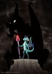 Size: 900x1284 | Tagged: safe, artist:inuhoshi-to-darkpen, character:dragon lord torch, character:princess ember, species:dragon, bloodstone scepter, dragon lord ember, dragoness, female, male, patreon, silhouette, solo focus