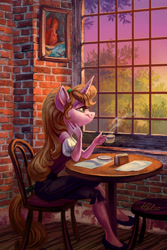 Size: 1181x1771 | Tagged: safe, artist:holivi, oc, oc only, species:anthro, species:pony, species:unicorn, anthro oc, chair, clothing, coffee, coffee cup, commission, cup, drink, female, indoors, looking out the window, pants, shirt, shoes, signature, sitting, smiling, solo, table, tree, window