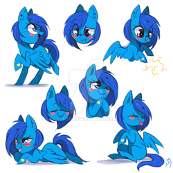 Size: 800x800 | Tagged: safe, artist:ipun, oc, oc only, oc:static, species:pegasus, species:pony, blushing, deviantart watermark, electricity, eyes closed, female, mare, obtrusive watermark, one eye closed, simple background, solo, tongue out, watermark, white background, wink