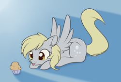 Size: 1254x846 | Tagged: safe, artist:dusthiel, character:derpy hooves, species:pegasus, species:pony, behaving like a cat, blep, cute, derpabetes, female, food, imminent pounce, mare, muffin, prone, silly, silly pony, solo, tongue out
