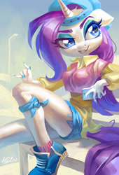 Size: 2066x3032 | Tagged: safe, artist:holivi, character:rarity, species:anthro, species:plantigrade anthro, episode:friendship university, g4, my little pony: friendship is magic, alternate hairstyle, backwards ballcap, bandana, baseball cap, bench, breasts, cap, cellphone, clothing, cutie mark, disguise, eyeshadow, female, floppy ears, hat, legs, makeup, nail polish, phone, plainity, shoes, shorts, sneakers, socks, solo, streetlight