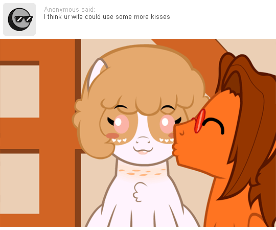 Size: 540x450 | Tagged: safe, artist:aha-mccoy, oc, oc only, oc:aha mclovin, oc:heather sweet feathers, species:pegasus, species:pony, animated, ask, caption, female, gif, gif with captions, glasses, husband and wife, kissing, male, mare, married couple, nopony-ask-mclovin, oc x oc, shipping, stallion, straight, tumblr