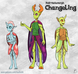 Size: 1024x974 | Tagged: safe, artist:inuhoshi-to-darkpen, character:ocellus, character:thorax, species:anthro, species:changeling, species:reformed changeling, species:unguligrade anthro, cloven hooves, colored hooves, compound eyes, female, gray background, humanized, humanoid, insectoid, male, simple background, trio