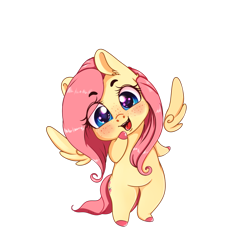 Size: 1024x1024 | Tagged: safe, artist:miokomata, character:fluttershy, species:pegasus, species:pony, bipedal, blushing, chibi, colored hooves, cute, female, floating wings, freckles, head tilt, hoof on chin, looking at you, mare, shyabetes, simple background, smiling, transparent background, wings