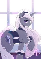 Size: 1635x2368 | Tagged: safe, artist:evomanaphy, oc, oc only, oc:lilia, species:pony, species:unicorn, beautiful, bedroom eyes, chest fluff, choker, clothing, collar, corset, cute, ear fluff, eyelashes, female, frog (hoof), hat, horn, looking at you, maid, maid headdress, mare, ocbetes, raised hoof, side view, signature, smiling, socks, solo, standing, thigh highs, underhoof, window
