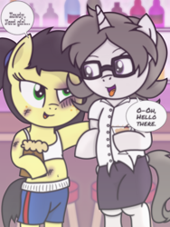 Size: 1200x1600 | Tagged: safe, artist:toyminator900, oc, oc only, oc:solaria, oc:uppercute, species:earth pony, species:pony, species:unicorn, alcohol, apple cider (drink), belly button, blouse, clothing, dialogue, drunk, glasses, midriff, rum, shorts, skirt, speech bubble, tongue out