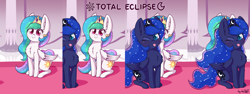 Size: 4096x1536 | Tagged: safe, artist:dsp2003, character:princess celestia, character:princess luna, species:alicorn, species:pony, g4, :3, alicorn eclipse, behaving like a cat, blep, blushing, cheek fluff, chest fluff, chibi, colored pupils, cute, cutelestia, dsp2003 is trying to murder us, duo, ear fluff, eclipse, eye clipping through hair, eyebrows, eyebrows visible through hair, female, hnnng, looking at you, lunabetes, mare, missing accessory, one eye closed, ponified meme, royal sisters, signature, silly, sitting, smiling, solar eclipse, sparkles, starry eyes, tongue out, weapons-grade cute, wingding eyes, wink
