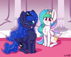 Size: 1920x1536 | Tagged: safe, artist:dsp2003, character:princess celestia, character:princess luna, species:alicorn, species:pony, :3, behaving like a cat, blep, blushing, cheek fluff, chest fluff, chibi, colored pupils, comet, cute, cutelestia, dsp2003 is trying to murder us, duo, ear fluff, ethereal mane, female, galaxy mane, hnnng, looking at you, lunabetes, mare, missing accessory, one eye closed, royal sisters, signature, silly, sitting, smiling, sparkles, starry eyes, tongue out, weapons-grade cute, wingding eyes, wink