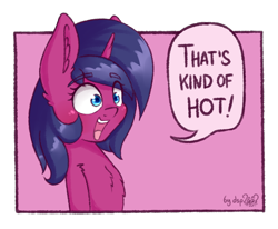 Size: 1126x928 | Tagged: safe, artist:dsp2003, oc, oc only, oc:fizzy pop, species:pony, species:unicorn, blushing, bust, chest fluff, comic, dialogue, female, mare, open mouth, parody, ponified meme, portrait, signature, simple background, single panel, speech bubble, that's kind of hot, transparent background
