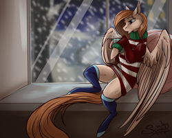 Size: 1242x1000 | Tagged: safe, artist:sunny way, patreon reward, rcf community, oc, oc only, oc:anima, species:pegasus, species:pony, chocolate, clothing, cute, female, food, hot, hot chocolate, mare, patreon, socks, solo, sweater, window, wings, winter