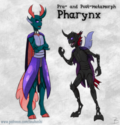 Size: 900x939 | Tagged: safe, artist:inuhoshi-to-darkpen, character:pharynx, character:prince pharynx, species:anthro, species:changeling, species:reformed changeling, species:unguligrade anthro, cloven hooves, colored hooves, compound eyes, crossed arms, gray background, humanized, humanoid, insectoid, male, scar, simple background, solo