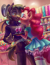 Size: 2160x2777 | Tagged: safe, artist:holivi, character:pinkie pie, oc, oc:romuald nocturne, species:anthro, species:bat pony, species:earth pony, species:pony, anthro oc, bat pony oc, candy, candy shop, canon x oc, clothing, commission, cup, cupcake, drink, eyes closed, female, food, glass, hat, kissing, lollipop, male, milkshake, pants, signature, skirt, smiling, socks, stockings, straight, suit, thigh highs, tray, uniform, zettai ryouiki