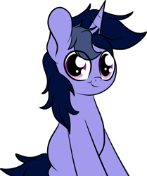 Size: 2840x3404 | Tagged: safe, artist:kimjoman, oc, oc only, oc:purple flix, species:pony, species:unicorn, cute, looking at you, male, sitting, smiling, solo