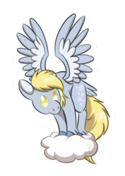Size: 400x564 | Tagged: safe, artist:inuhoshi-to-darkpen, character:derpy hooves, species:pegasus, species:pony, chibi, cloud, female, mare, no pupils, simple background, solo, spread wings, standing on a cloud, white background, wings