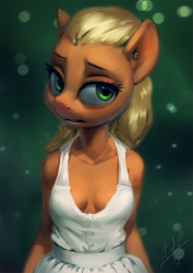 Size: 765x1080 | Tagged: safe, artist:assasinmonkey, character:applejack, species:anthro, species:earth pony, species:pony, alternate hairstyle, breasts, clothing, dress, female, mare, solo, white dress