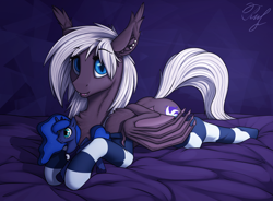 Size: 3400x2500 | Tagged: safe, artist:phenya, character:princess luna, oc, oc only, oc:stargazer, species:bat pony, species:pony, bat pony oc, bat wings, bed, chest fluff, clothing, ear fluff, ear piercing, fangs, female, hoof hold, looking at you, lying down, mare, open mouth, piercing, plushie, signature, simple background, socks, solo, striped socks, wing claws, wings
