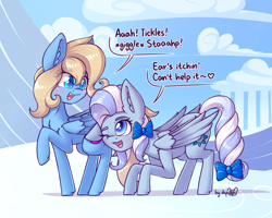 Size: 1920x1536 | Tagged: safe, artist:dsp2003, oc, oc only, oc:flakey hailstone, oc:lusty symphony, species:pegasus, species:pony, behaving like a cat, blushing, bow, cloud, cloudsdale, comic, commission, cute, duo, duo female, female, hair bow, heart, mare, one eye closed, open mouth, single panel, tail bow