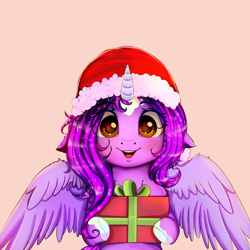 Size: 3800x3800 | Tagged: safe, artist:miokomata, oc, oc only, oc:dazzling talents, species:alicorn, species:pony, alicorn oc, blushing, box, christmas, clothing, cute, female, hat, holiday, mare, open mouth, present, santa hat, simple background, smiling, socks (coat marking), white background