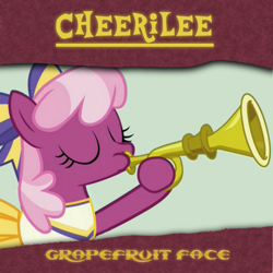 Size: 2000x2000 | Tagged: safe, artist:grapefruitface1, edit, character:cheerilee, species:pony, bugle mistaken for a trumpet, cheerileeder, cheerleader, europe, europe (band), grapefruit face, musical instrument, parody, single cover, trumpet