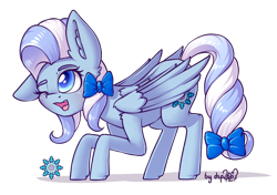 Size: 1330x936 | Tagged: safe, artist:dsp2003, part of a set, oc, oc only, oc:flakey hailstone, species:pegasus, species:pony, behaving like a cat, blushing, bow, commission, cute, cutie mark, female, hair bow, mare, one eye closed, open mouth, simple background, tail bow, transparent background
