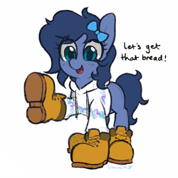 Size: 933x933 | Tagged: safe, artist:dawnfire, oc, oc only, oc:whinny, species:earth pony, species:pony, boots, bow, clothing, commission, dialogue, eye clipping through hair, female, hair bow, hoodie, let's get that bread, mare, open mouth, raised hoof, shoes, signature, simple background, smiling, timberland boots, white background