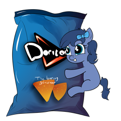 Size: 1369x1377 | Tagged: safe, artist:moonatik, oc, oc only, oc:whinny, species:pony, bag, bow, chips, doritos, female, food, gift art, hair bow, happy, hug, mare, solo