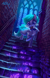 Size: 1791x2756 | Tagged: safe, artist:holivi, oc, oc only, species:pegasus, species:pony, commission, crystal, female, mare, mouth hold, solo, stairs