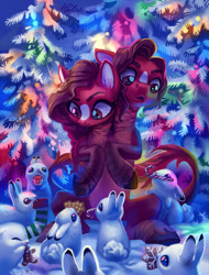 Size: 1024x1348 | Tagged: safe, artist:holivi, oc, oc only, species:pony, species:rabbit, candy, candy cane, christmas, commission, conjoined, conjoined twins, cookie, cute, food, holiday, mouth hold, multiple heads, sitting, snow, two heads, winter