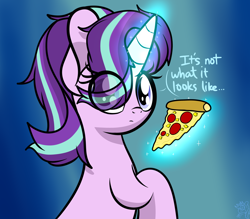 Size: 4000x3500 | Tagged: safe, artist:kimjoman, character:starlight glimmer, species:pony, species:unicorn, cute, eye clipping through hair, female, food, glowing horn, gradient background, levitation, looking at you, looking back, magic, meat, pepperoni, pineapple pizza, ponies eating meat, pure unfiltered evil, raised hoof, sitting, solo, telekinesis, text, that pony sure does love pineapple pizza
