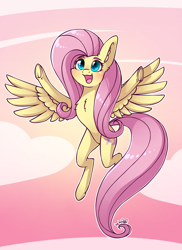 Size: 1760x2420 | Tagged: safe, artist:dsp2003, character:fluttershy, species:pegasus, species:pony, abstract background, blushing, chest fluff, cloud, cute, female, flying, mare, open mouth, raised hooves, shyabetes, smiling, solo, spread wings, underhoof, wings