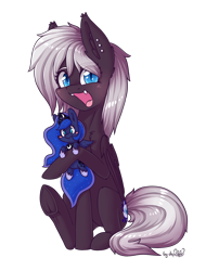 Size: 1600x2100 | Tagged: safe, artist:dsp2003, character:princess luna, oc, oc:stargazer, species:bat pony, species:pony, 2019 community collab, derpibooru community collaboration, bat pony oc, cute, cute little fangs, dsp2003 is trying to murder us, fangs, female, hnnng, hoof hold, mare, open mouth, piercing, plushie, silly, simple background, sitting, solo, transparent background