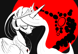 Size: 2613x1812 | Tagged: safe, artist:xbi, character:princess celestia, species:alicorn, species:pony, crying, eyes closed, limited palette, lineless, looking down, mare in the moon, monochrome, moon, neo noir, partial color, selective color
