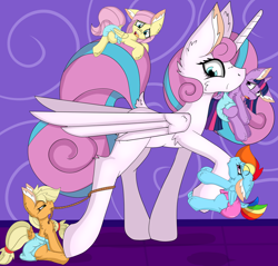 Size: 4588x4382 | Tagged: safe, artist:cuddlelamb, character:applejack, character:fluttershy, character:princess flurry heart, character:rainbow dash, character:twilight sparkle, species:pony, absurd resolution, age progression, age regression, age swap, clinging, diaper, lasso, mouth hold, role reversal, rope, scruff