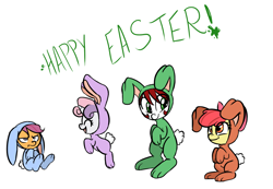 Size: 1176x812 | Tagged: safe, artist:jessy, character:apple bloom, character:scootaloo, character:sweetie belle, oc, oc:palette swap, species:earth pony, species:pegasus, species:pony, cutie mark crusaders, easter, female, happy easter, holiday, mare, quartet, simple background, tumblr:ask palette swap, white background