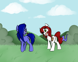 Size: 1280x1028 | Tagged: safe, artist:jessy, oc, oc only, oc:palette swap, species:earth pony, species:pony, duo, female, mare, smiling, tumblr:ask palette swap