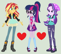 Size: 688x608 | Tagged: safe, artist:themexicanpunisher, character:starlight glimmer, character:sunset shimmer, character:twilight sparkle, character:twilight sparkle (scitwi), species:eqg human, ship:scitwishimmer, ship:sunsetsparkle, ship:twistarlight, equestria girls:mirror magic, g4, my little pony: equestria girls, my little pony:equestria girls, spoiler:eqg specials, beanie, boots, bow tie, clothing, crossed arms, female, glasses, grin, hat, heart, high heel boots, high heels, jacket, lesbian, pants, raised eyebrow, ripped pants, shipping, shoes, skirt, smiling, socks, trio, trio female, vest, watch, wristwatch