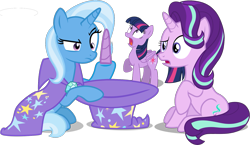 Size: 1547x900 | Tagged: safe, artist:0nautile18e26, artist:8-notes, artist:cheezedoodle96, artist:sketchmcreations, artist:tardifice, edit, editor:slayerbvc, character:starlight glimmer, character:trixie, character:twilight sparkle, character:twilight sparkle (alicorn), species:alicorn, species:pony, species:unicorn, confused, detachable horn, female, horn, looking up, magic trick, mare, modular, out of trixie's hat, raised hoof, shocked, simple background, sitting, transparent background, vector, vector edit, worried
