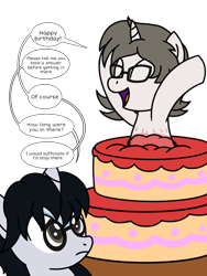 Size: 1200x1600 | Tagged: safe, artist:toyminator900, oc, oc only, oc:corvinia, oc:solaria, species:pony, species:unicorn, birthday gift, cake, dialogue, duo, food, glasses, simple background, speech bubble, transparent background