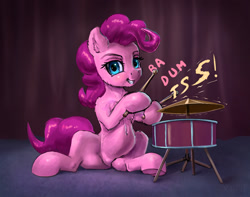 Size: 1396x1101 | Tagged: safe, artist:xbi, character:pinkie pie, species:earth pony, species:pony, episode:baby cakes, g4, my little pony: friendship is magic, ba dum tss, cymbals, drum kit, drums, female, hoof hold, looking at you, mare, musical instrument, rimshot, scene interpretation, sitting, solo