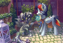 Size: 2244x1535 | Tagged: safe, artist:holivi, oc, oc only, species:pegasus, species:pony, apron, clothing, commission, female, flower, looking at each other, male, mare, multiple wings, smiling, stallion