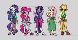 Size: 2426x1240 | Tagged: safe, artist:holivi, character:applejack, character:fluttershy, character:pinkie pie, character:rarity, character:twilight sparkle, character:twilight sparkle (alicorn), species:alicorn, species:anthro, species:pony, boots, clothing, converse, cowboy hat, denim skirt, dress, female, hat, high heels, miniskirt, overalls, pantyhose, reference sheet, shoes, shorts, side slit, skirt, socks, striped socks, sweater vest, thigh highs, zettai ryouiki