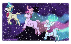 Size: 1024x633 | Tagged: safe, artist:inuhoshi-to-darkpen, character:alice, character:aurora, character:bori, species:deer, species:pony, species:reindeer, episode:best gift ever, g4, my little pony: friendship is magic, cloven hooves, colored hooves, doe, female, snow, the gift givers, trio