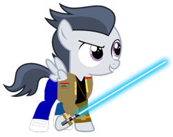 Size: 1001x794 | Tagged: safe, artist:frownfactory, artist:jawsandgumballfan24, edit, character:rumble, species:pegasus, species:pony, clothing, colt, cosplay, costume, crossover, finn (star wars), jacket, lightsaber, male, pants, shoes, simple background, solo, star wars, star wars: the force awakens, the force, transparent background, vector, weapon, wings